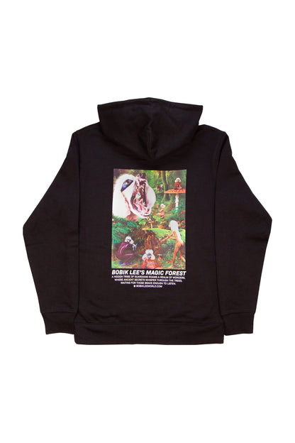 black cotton unisex graphic hoodie with the magic forest Bobik Lee logo