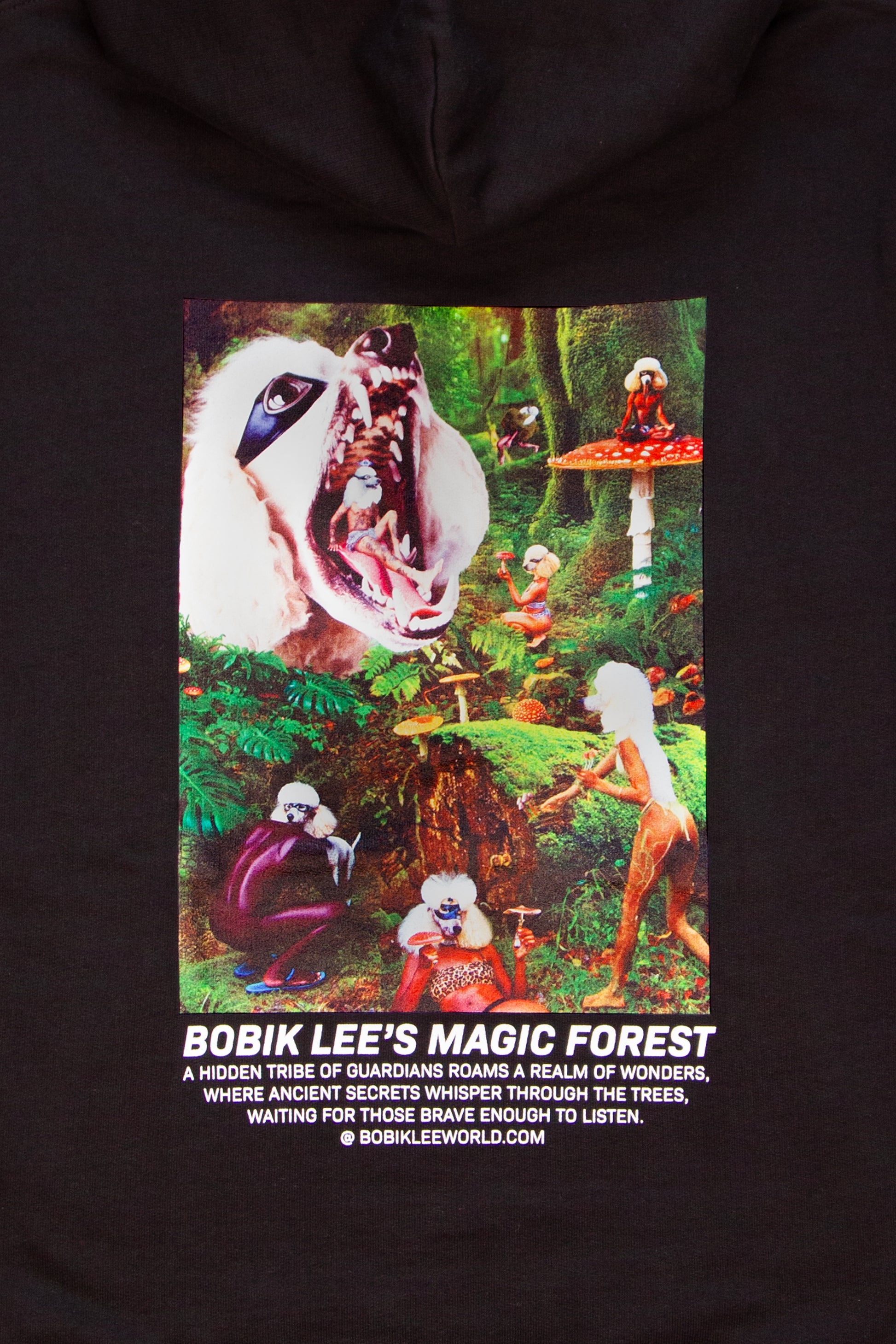 black cotton unisex graphic hoodie with the magic forest Bobik Lee logo