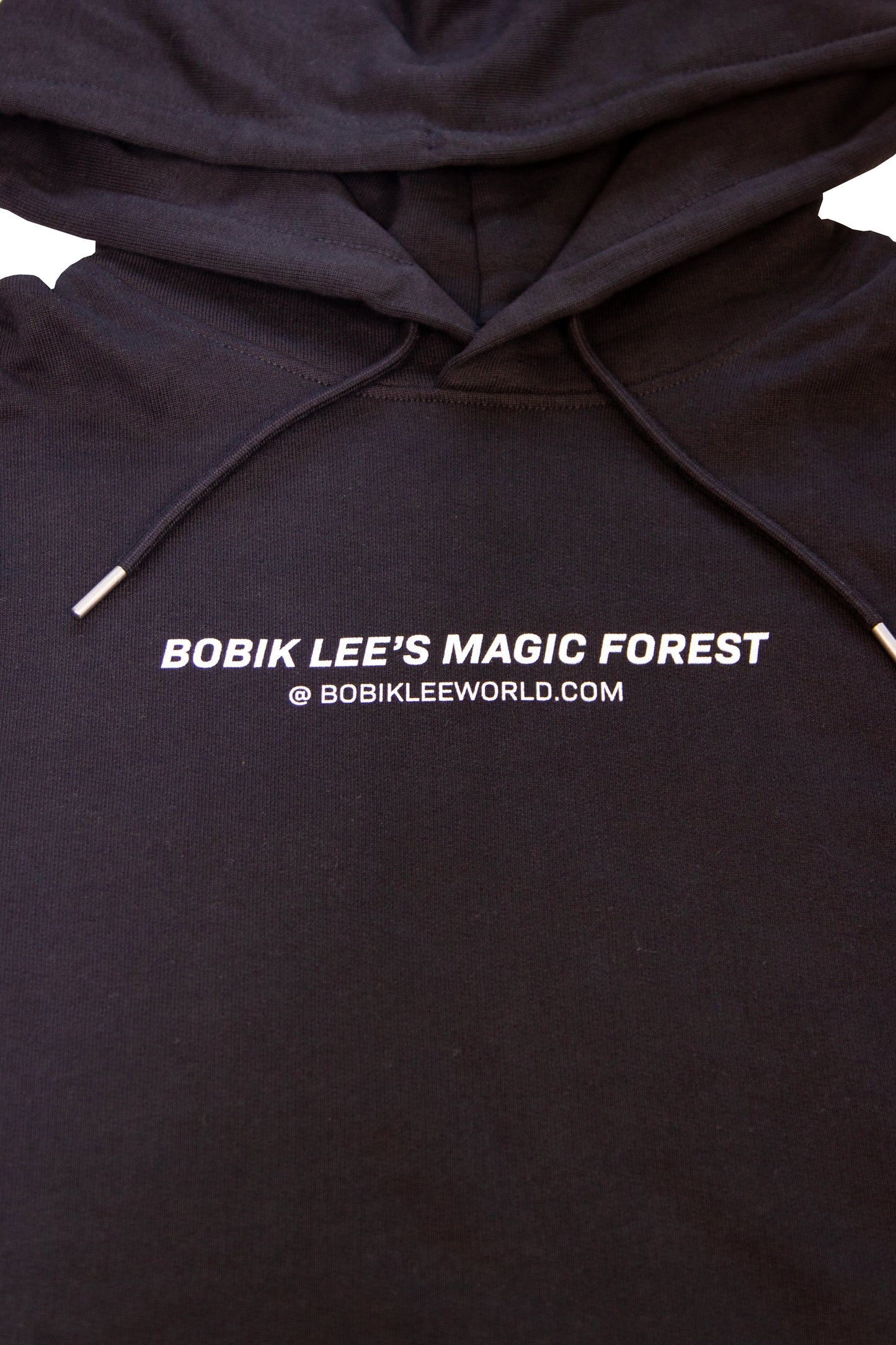 black cotton unisex graphic hoodie with the magic forest Bobik Lee logo