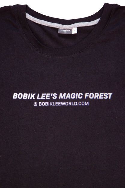 black cotton unisex graphic t-shirt with the magic forest Bobik Lee logo