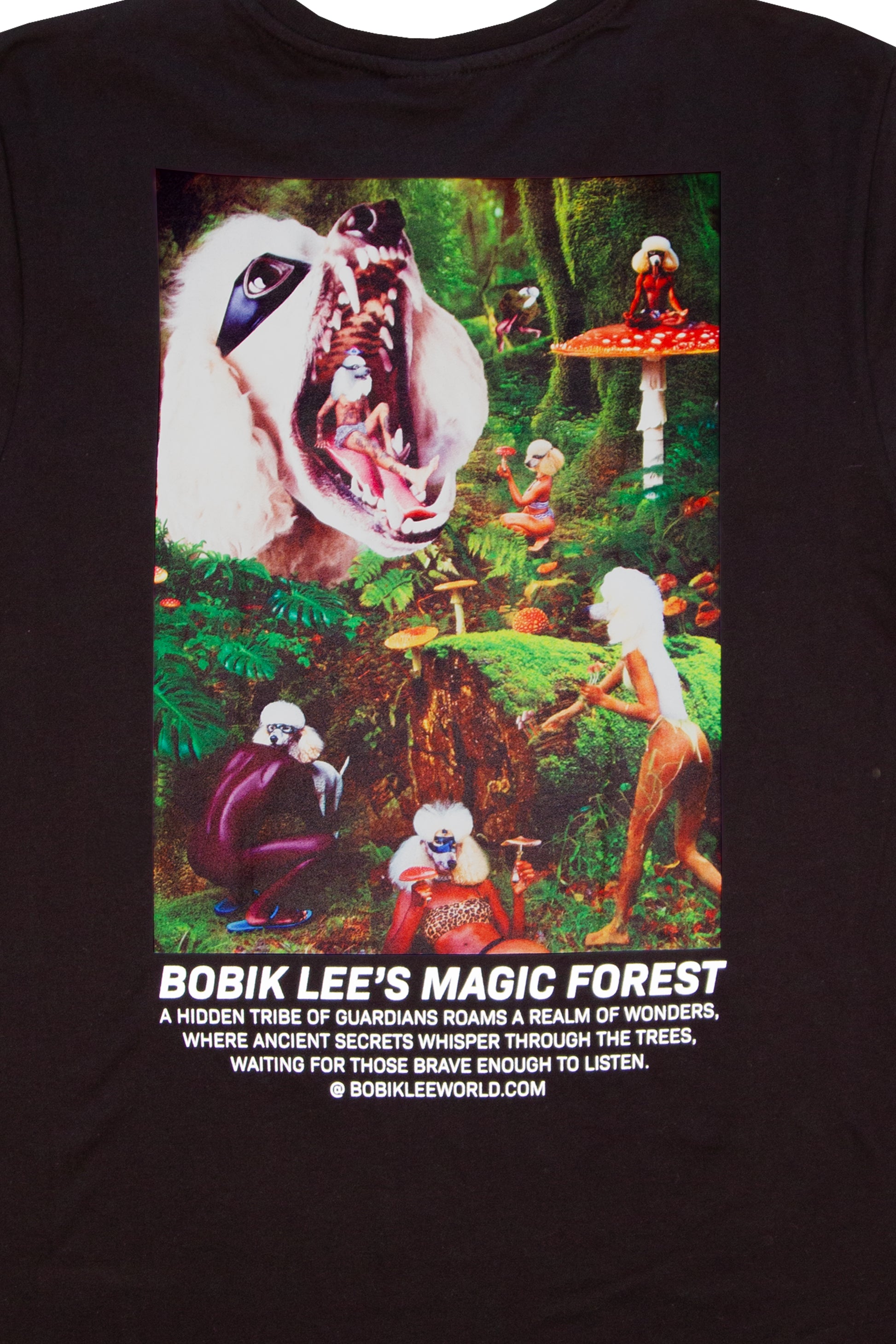 black cotton unisex graphic t-shirt with the magic forest Bobik Lee logo